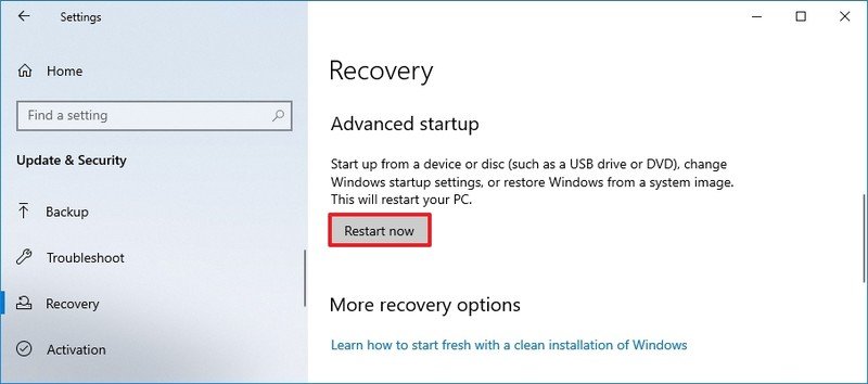 Configuración avanzada de recuperación de inicio de Windows 10