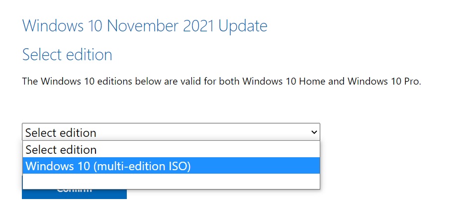 Actualización ISO de Windows 10 de noviembre de 2021