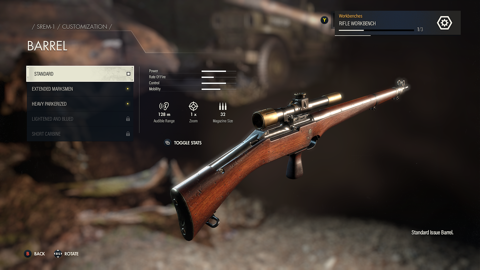Captura de pantalla de personalización de armas de Sniper Elite 5, que muestra un rifle de francotirador.