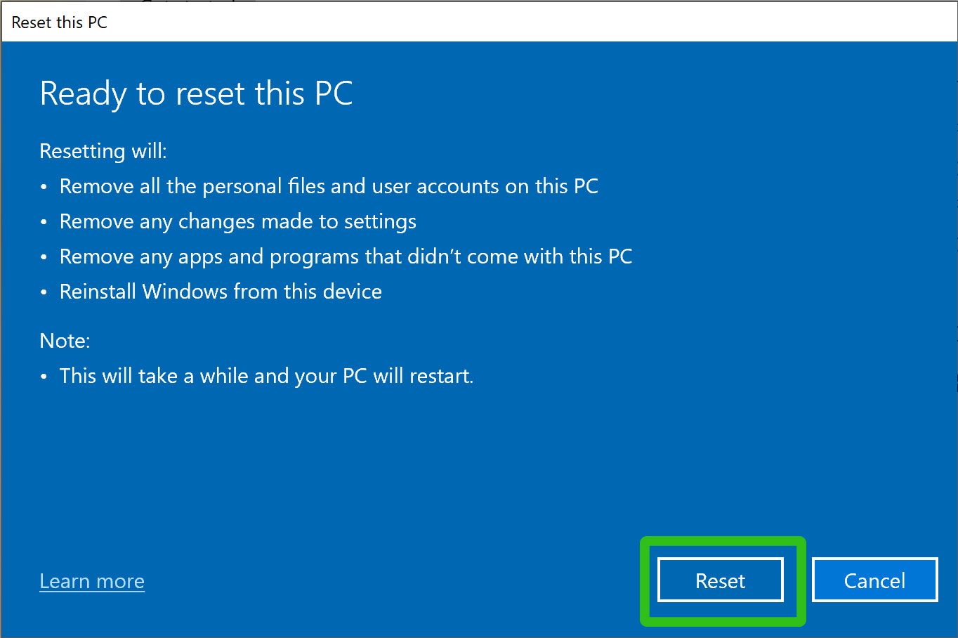 Restablecimiento de fábrica de una PC con Windows 10 u 11