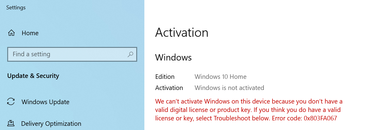 Menú de configuración de activación de Windows