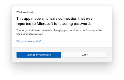 Imagen en miniatura 1 con subtítulo Ventana emergente de seguridad de Windows que dice: Esta aplicación estableció una conexión no segura que se informó a Microsoft por robar contraseñas.